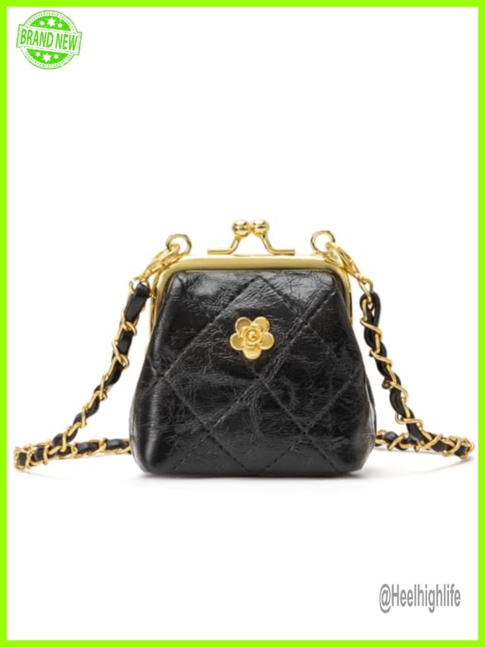 Quilted Kiss Lock Coin Purse Vegan Leather Wristlet Crossbody Mini Bag